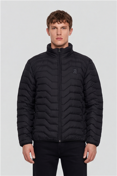 Erkek Siyah Dar Kesim Slim Fit Dik Yaka Fermuarlı Mont