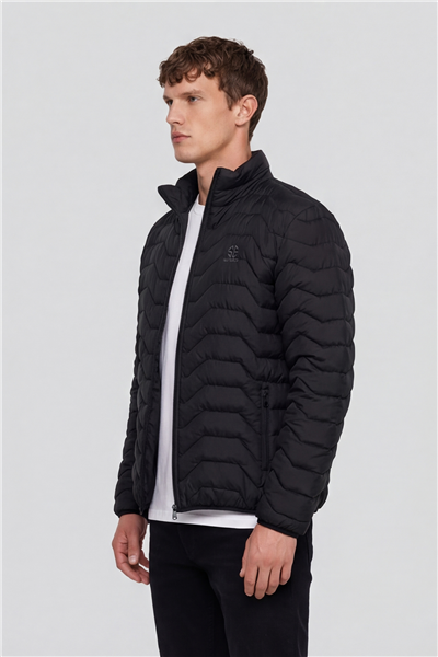 Erkek Siyah Dar Kesim Slim Fit Dik Yaka Fermuarlı Mont