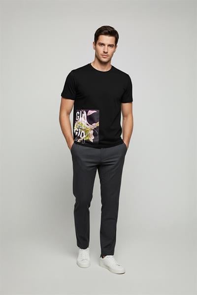 Giotelli Siyah Oversize Fit %100 Pamuk Baskılı Bisiklet Yaka Erkek Tişört