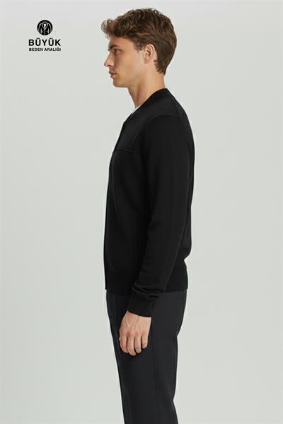 Siyah Lacivert Regular Fit Yünlü Pilot Yaka Astarlı Çelik Örme Erkek Triko Mont