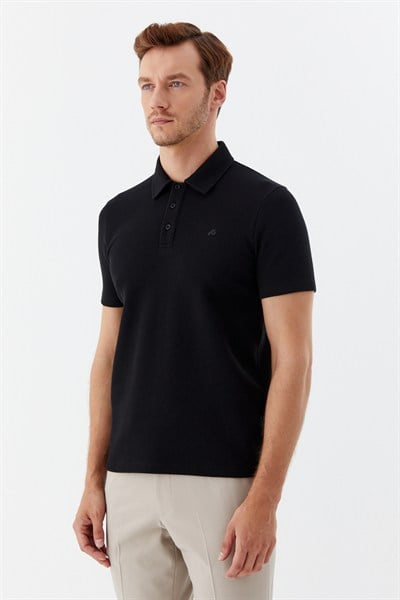 Siyah Piti Kare Desenli Pamuklu Polo Yaka T-shirt