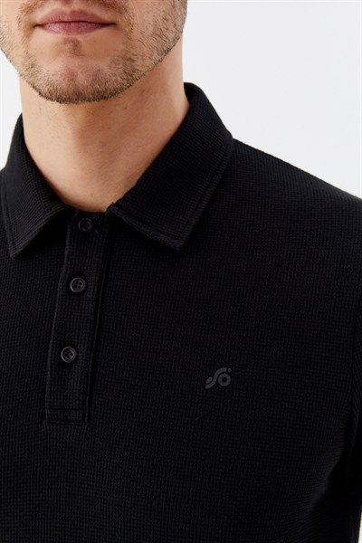 Siyah Piti Kare Desenli Pamuklu Polo Yaka T-shirt