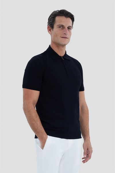 Siyah Reglan Fermuarlı Polo Yaka Triko T-shırt