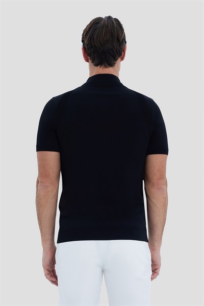 Siyah Reglan Fermuarlı Polo Yaka Triko T-shırt