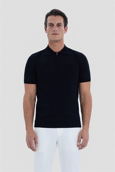 Siyah Reglan Fermuarlı Polo Yaka Triko T-shırt