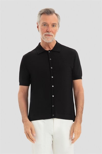 Siyah Reglan Polo Yaka Triko Gömlek