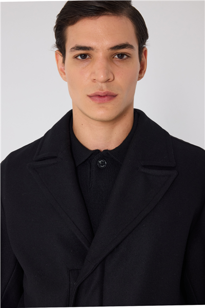 Giotelli Siyah Regular Fit Ceket Yaka Yünlü Kaşe Kaban