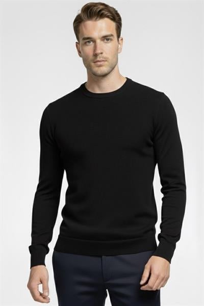 Siyah Regular Fit Pamuklu Bisiklet Yaka Erkek Triko Kazak