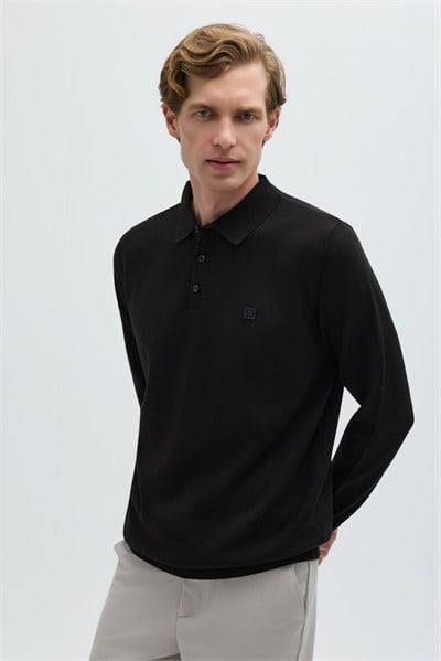 Siyah Regular Fit Pamuklu Polo Yaka Triko Kazak