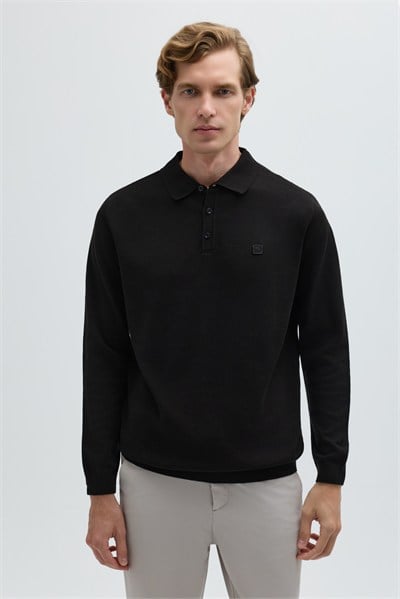 Siyah Regular Fit Pamuklu Polo Yaka Triko Kazak