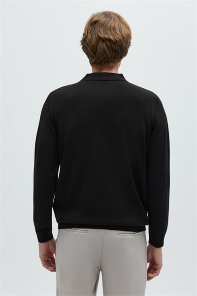 Siyah Regular Fit Pamuklu Polo Yaka Triko Kazak