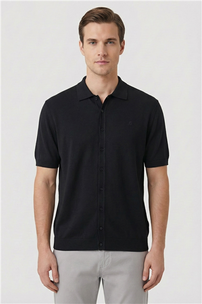 Erkek Siyah Normal Kesim Regular Fit Viskon Dokuma Triko Polo Yaka Tişört