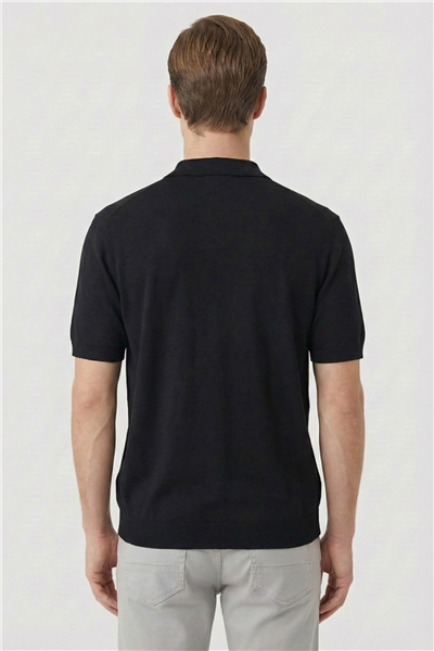 Erkek Siyah Normal Kesim Regular Fit Viskon Dokuma Triko Polo Yaka Tişört