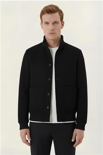 Siyah Regular Fit Yün Karışımlı Dik Yaka Kaşe Mont