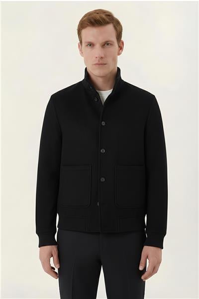 Siyah Regular Fit Yün Karışımlı Dik Yaka Kaşe Mont