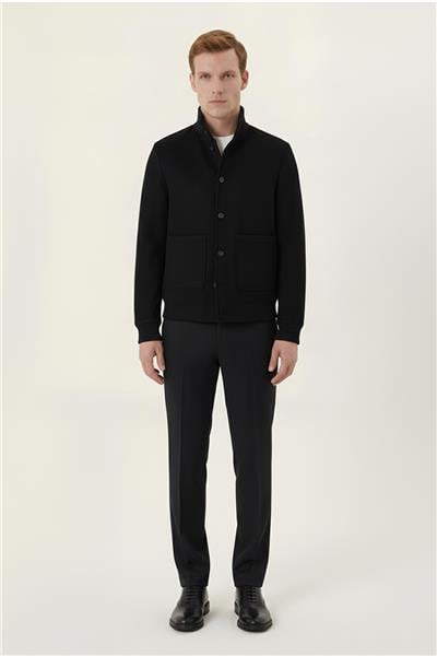 Siyah Regular Fit Yün Karışımlı Dik Yaka Kaşe Mont