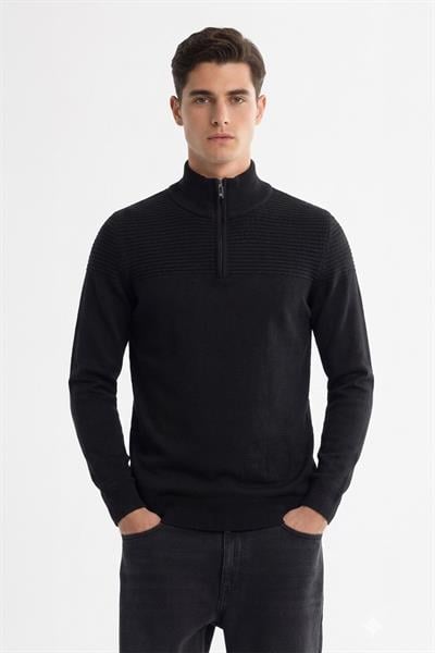 Giotelli Erkek Siyah Normal Kesim Regular Fit Yünlü Jakarlı Fermuarlı Balıkçı YakaTriko Kazak