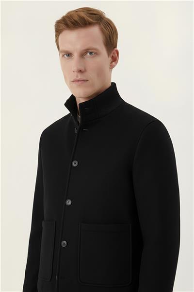 Siyah Regular Fit Yün Karışımlı Dik Yaka Kaşe Mont