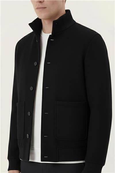 Siyah Regular Fit Yün Karışımlı Dik Yaka Kaşe Mont