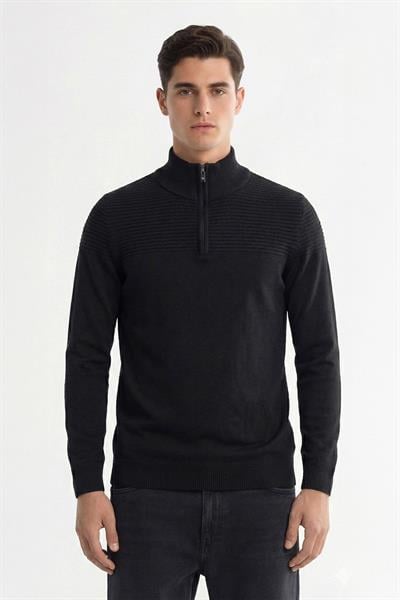 Giotelli Erkek Siyah Normal Kesim Regular Fit Yünlü Jakarlı Fermuarlı Balıkçı YakaTriko Kazak