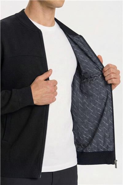 Erkek Siyah Normal Kesim Regular Fit Yünlü Dik Yaka Fermuarlı Triko Mont