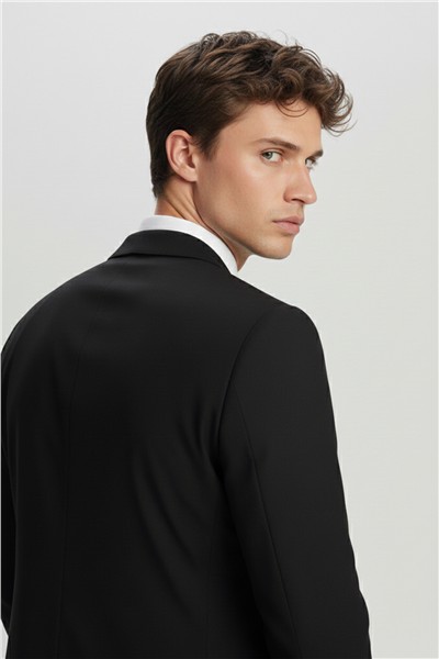 Erkek Siyah Dar Kesim Slim Fit Yünlü Sivri Yaka Tam Astarlı Düğmeli Kordonlu Lastikli Bel Casual 4 Drop Takım Elbise