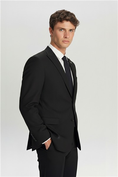 Erkek Siyah Dar Kesim Slim Fit Yünlü Sivri Yaka Tam Astarlı Düğmeli Kordonlu Lastikli Bel Casual 4 Drop Takım Elbise