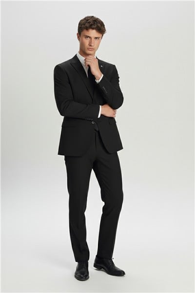 Erkek Siyah Dar Kesim Slim Fit Yünlü Sivri Yaka Tam Astarlı Düğmeli Kordonlu Lastikli Bel Casual 4 Drop Takım Elbise