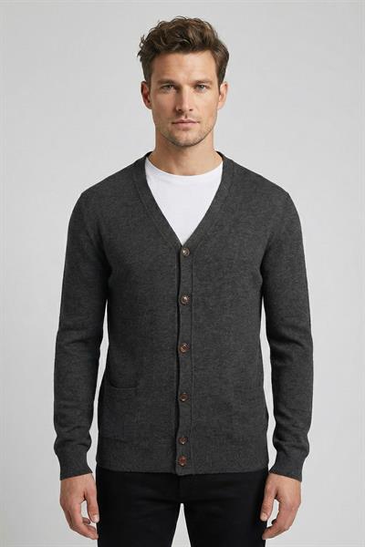 Giotelli Erkek Siyah Normal Kesim Regular Fit Yünlü Düğmeli V Yaka Triko Hırka