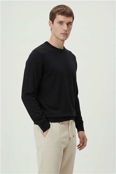 Erkek Siyah Dar Kesim Slim Fit Yünlü Sıfır Yaka Triko Kazak