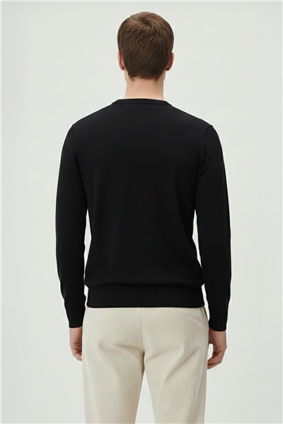 Erkek Siyah Dar Kesim Slim Fit Yünlü Sıfır Yaka Triko Kazak