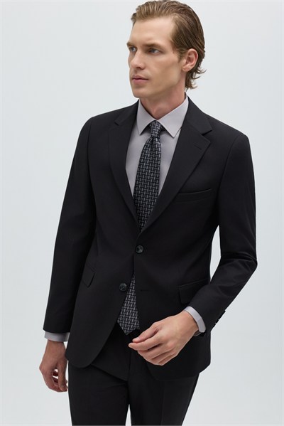 Siyah Slim Fit Düz Paça 6 Drop Mono Yaka Klasik Takım Elbise