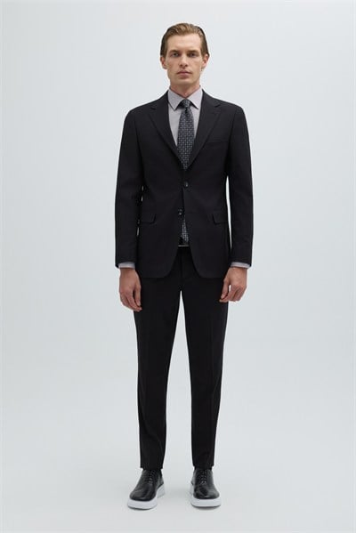 Siyah Slim Fit Düz Paça 6 Drop Mono Yaka Klasik Takım Elbise