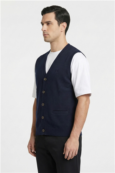 Giotelli Erkek Siyah Normal Kesim Regular Fit Yünlü Dokuma Düğmeli Triko V Yaka Süveter