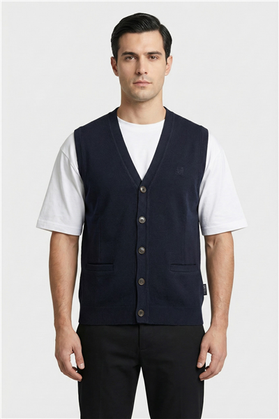 Giotelli Erkek Siyah Normal Kesim Regular Fit Yünlü Dokuma Düğmeli Triko V Yaka Süveter