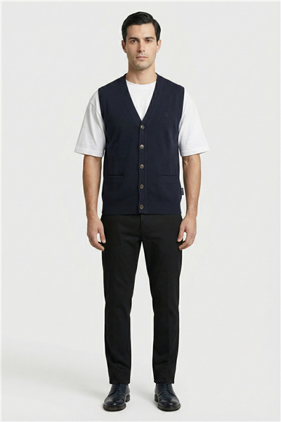 Giotelli Erkek Siyah Normal Kesim Regular Fit Yünlü Dokuma Düğmeli Triko V Yaka Süveter