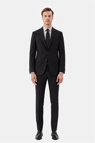 Siyah Slim Fit Düz Paça 6 Drop Mono Yaka Klasik Takım Elbise