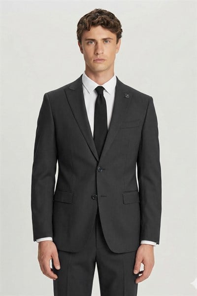 Siyah Yün Karışımlı Çizgili Sivri Yaka Klasik Paça Tam Astarlı 6 Drop Slim Fit Takım Elbise