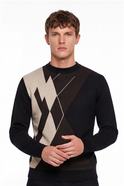 Erkek Siyah Normal Kesim Regular Fit Yünlü Dokuma Desenli Triko Kazak