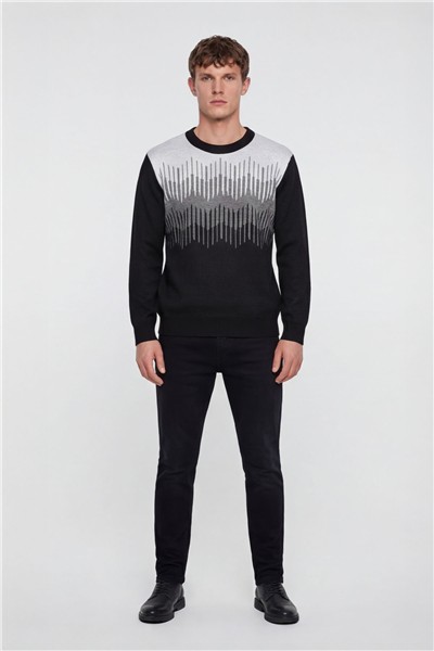 Erkek Siyah Normal Kesim Regular Fit Yünlü Dokuma Triko Kazak