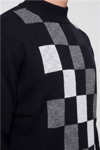 Erkek Siyah Normal Kesim Regular Fit Yünlü Dokuma Desenli Triko Kazak