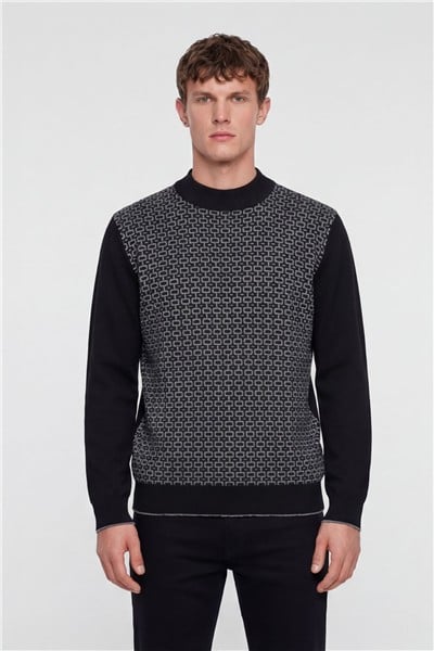Erkek Siyah Normal Kesim Regular Fit Yünlü Dokuma Desenli Triko Kazak