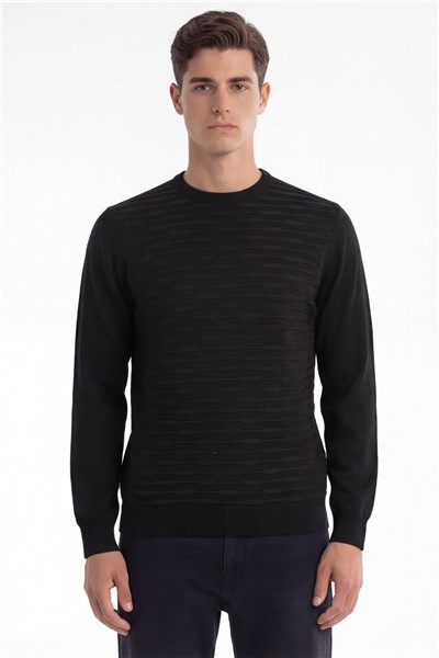 Erkek Siyah Normal Kesim Regular Fit Yünlü Standart Boy Dokuma Triko Kazak