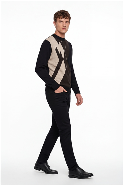 Erkek Siyah Normal Kesim Regular Fit Yünlü Dokuma Desenli Triko Kazak