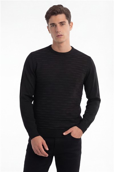 Erkek Siyah Normal Kesim Regular Fit Yünlü Standart Boy Dokuma Triko Kazak