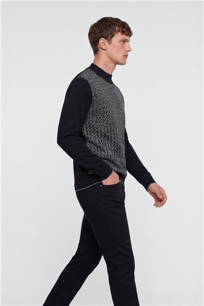 Erkek Siyah Normal Kesim Regular Fit Yünlü Dokuma Desenli Triko Kazak