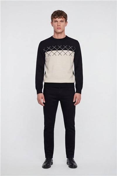 Erkek Siyah-Bej Normal Kesim Regular Fit Yünlü Dokuma Desenli Triko Kazak