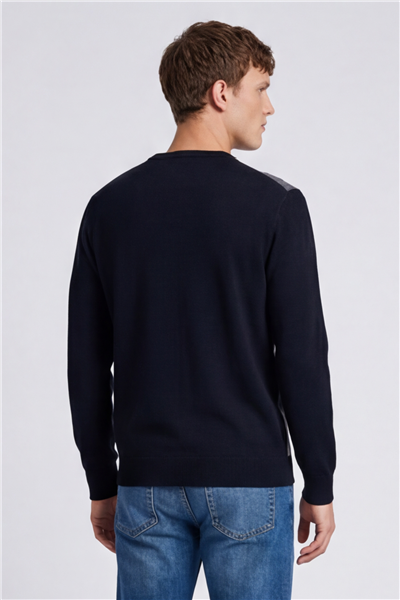 Erkek Siyah Normal Kesim Regular Fit Yünlü  Desenli Bisiklet Yaka Triko Kazak