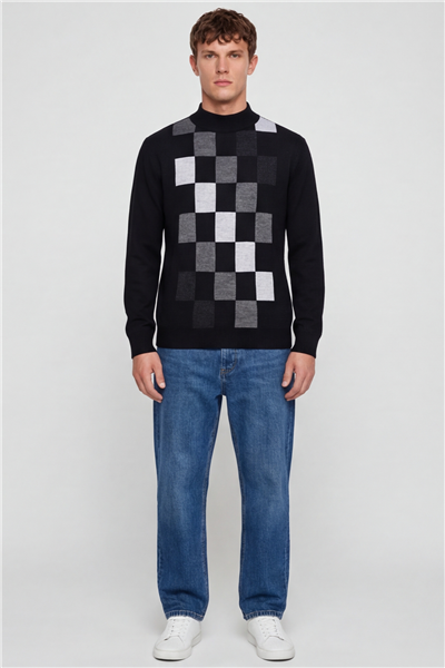 Erkek Siyah Normal Kesim Regular Fit Yünlü Dokuma Desenli Triko Kazak