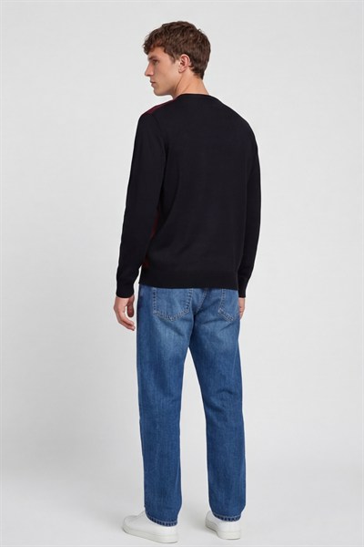 Erkek Siyah Normal Kesim Regular Fit Yünlü Desenli Bisiklet Yaka Triko Kazak 